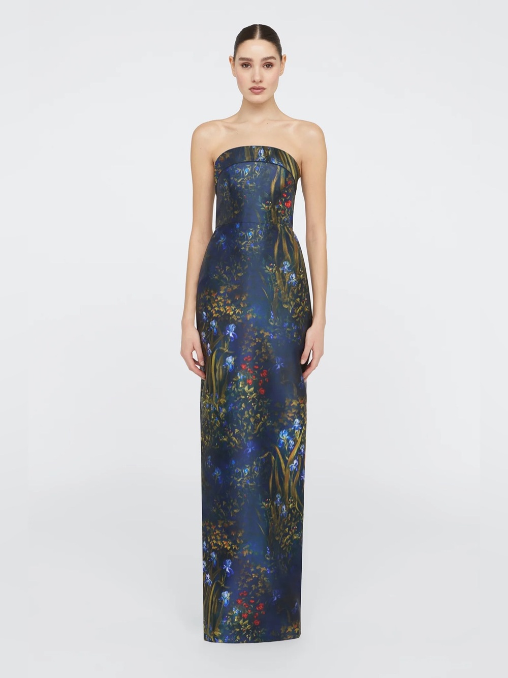Theia Lynette Strapless Floral Evening Gown in Deep Navy with Floral Accents